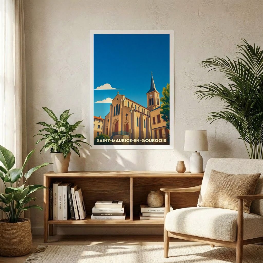 Affiche souvenir de la ville de Saint-Maurice-en-Gourgois avec une illustration stylisée de son église sous un ciel bleu.