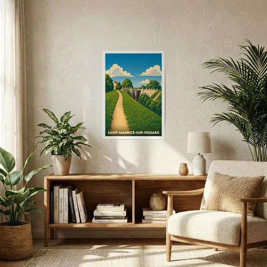 Affiche souvenir de la ville de Saint-Maurice-sur-Fessard avec une illustration paysagère stylisée.