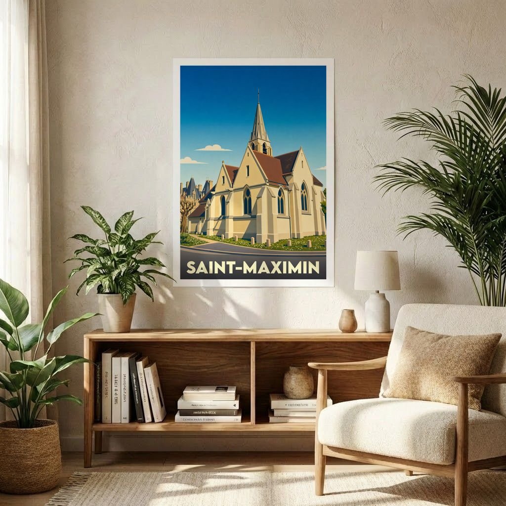 Affiche souvenir de la ville de Saint-Maximin représentant son église dans un style graphique épuré.
