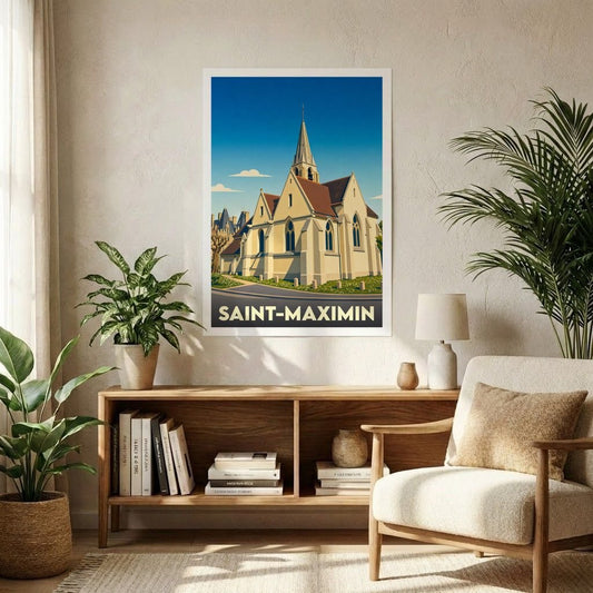 Affiche souvenir de la ville de Saint-Maximin représentant son église dans un style graphique épuré.