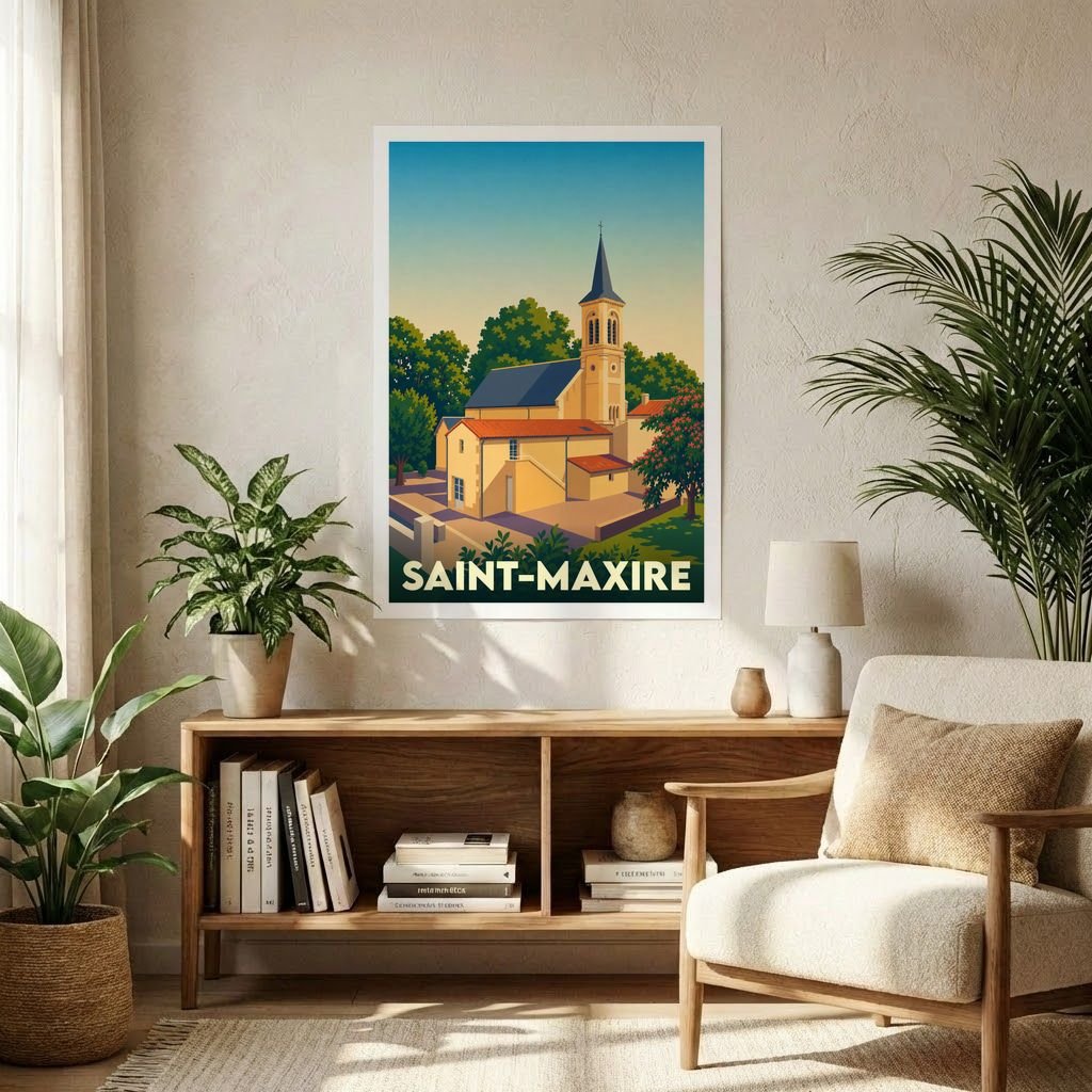 Affiche souvenir de la ville de Saint-Maxire avec une illustration stylisée de son église et de ses paysages verdoyants.