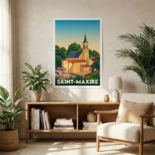 Affiche souvenir de la ville de Saint-Maxire avec une illustration stylisée de son église et de ses paysages verdoyants.