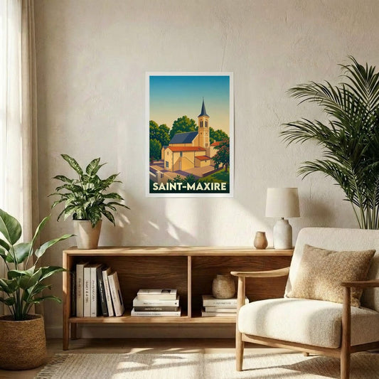 Affiche souvenir de la ville de Saint-Maxire avec une illustration stylisée de son église.