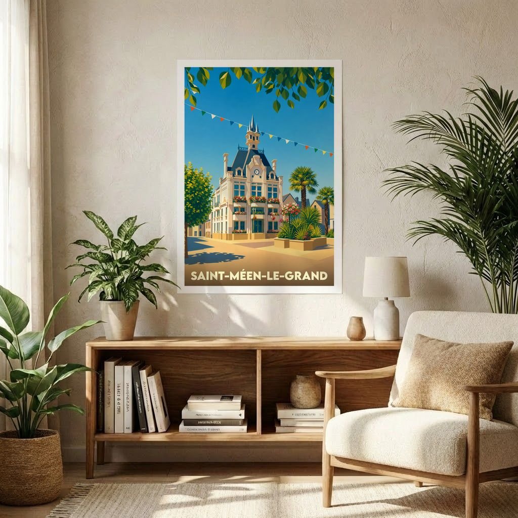 Affiche souvenir de la ville de Saint-Méen-le-Grand avec une illustration stylisée de son architecture typique.