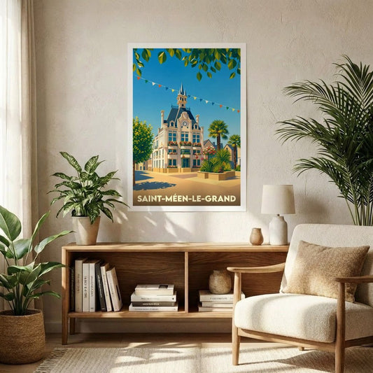 Affiche souvenir de la ville de Saint-Méen-le-Grand avec une illustration stylisée de son architecture typique.