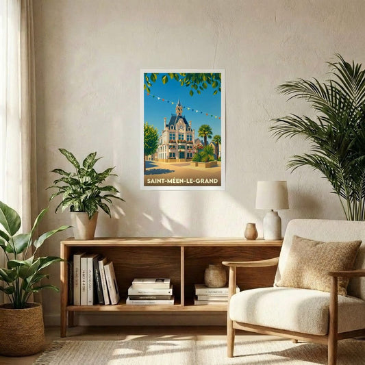 Affiche souvenir de la ville de Saint-Méen-le-Grand avec une illustration stylisée de sa mairie et son clocher.