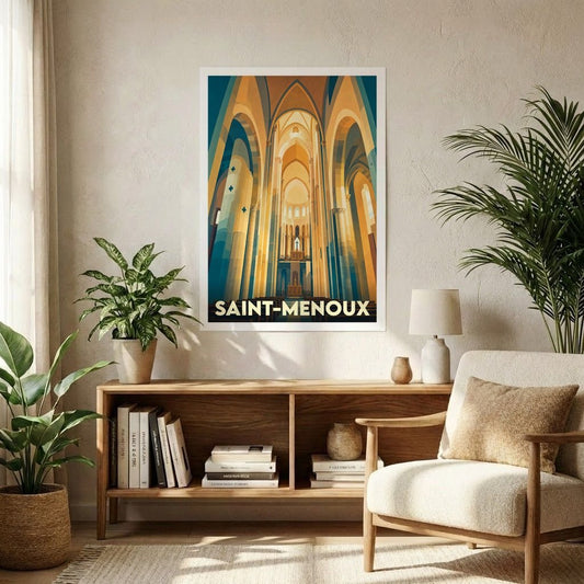 Affiche souvenir de la ville de Saint-Menoux représentant l'intérieur d'une église dans un style graphique épuré.