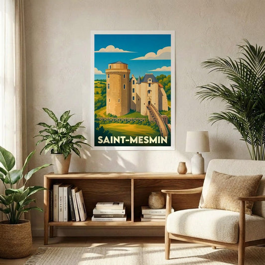 Affiche souvenir de la ville de Saint-Mesmin représentant son château médiéval dans un style illustré et coloré.
