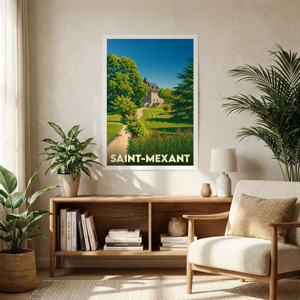 Affiche souvenir de la ville de Saint-Mexant avec une illustration stylisée d'un manoir et de ses jardins.