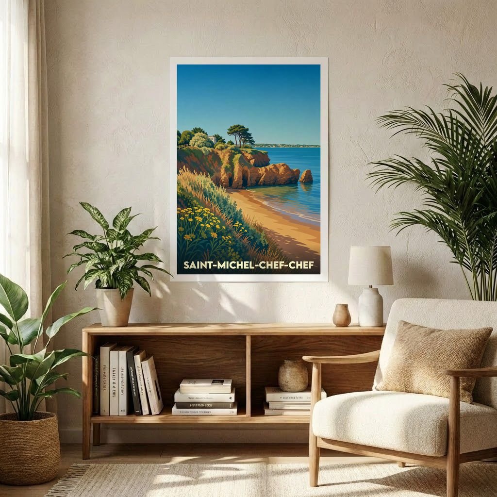 Affiche souvenir de la ville de Saint-Michel-Chef-Chef avec une illustration stylisée de son littoral.