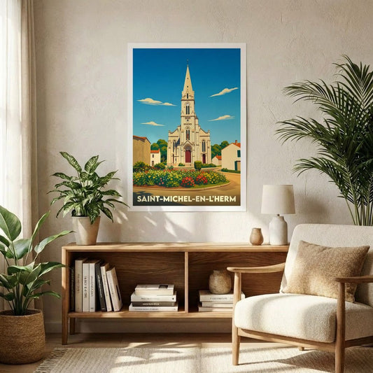 Affiche souvenir de la ville de Saint-Michel-en-l'Herm avec une illustration stylisée de son église et de ses jardins.