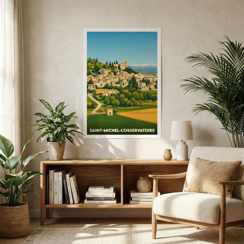 Affiche souvenir de la ville de Saint-Michel-l'Observatoire avec une illustration stylisée d'un village provençal niché dans les collines.