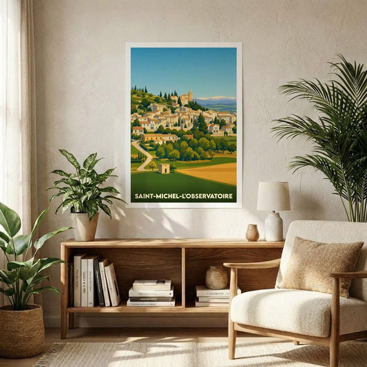 Affiche souvenir de la ville de Saint-Michel-l'Observatoire avec une illustration stylisée d'un village provençal niché dans les collines.