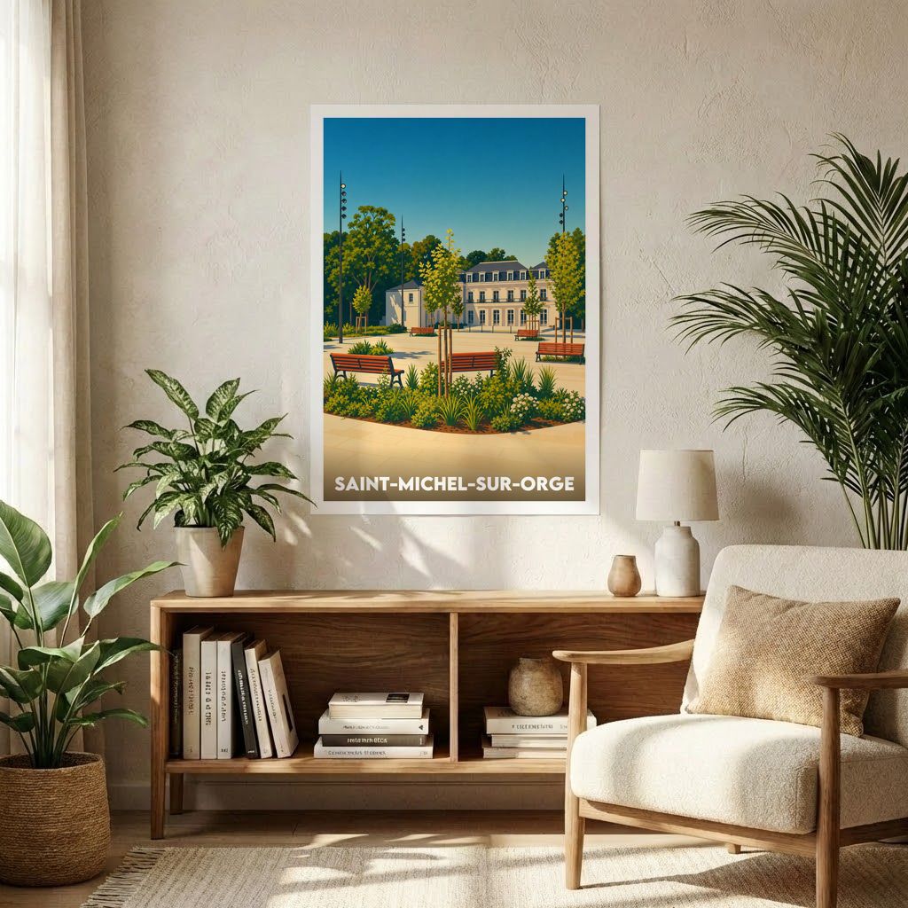Affiche souvenir de la ville de Saint-Michel-sur-Orge avec une illustration stylisée d'un parc ensoleillé.