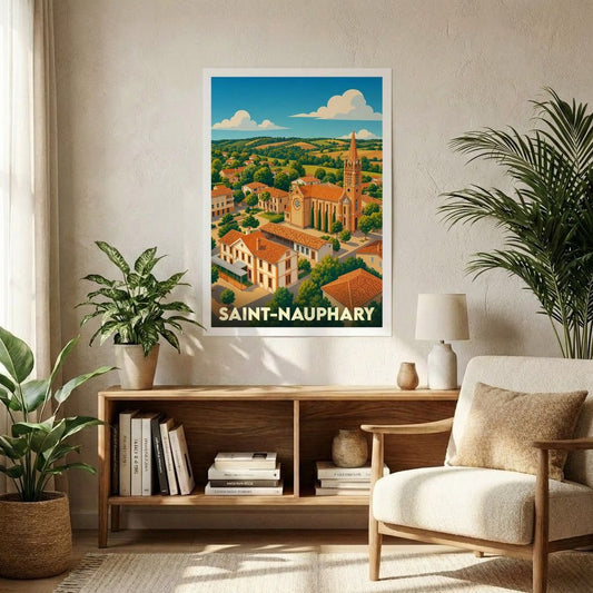 Affiche souvenir de la ville de Saint-Nauphary avec une illustration stylisée et colorée.
