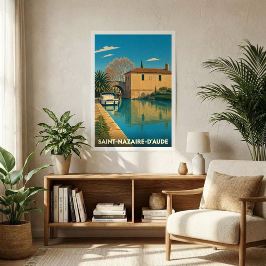 Affiche souvenir de la ville de Saint-Nazaire-d'Aude avec une illustration stylisée d'un canal.