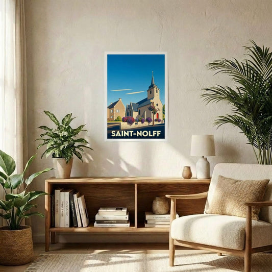 Affiche souvenir de la ville de Saint-Nolff avec une illustration stylisée de son église sous un ciel bleu.