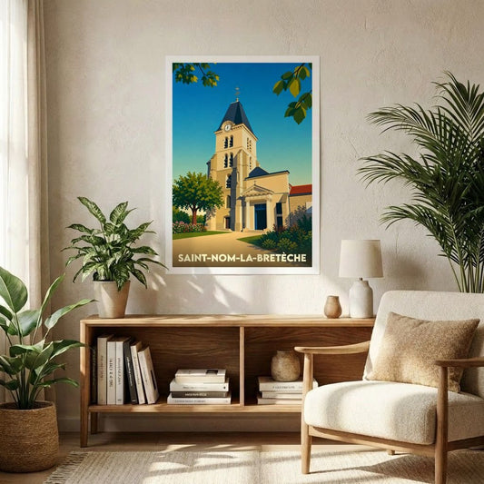 Affiche souvenir de la ville de Saint-Nom-la-Bretèche avec une illustration stylisée de son église.