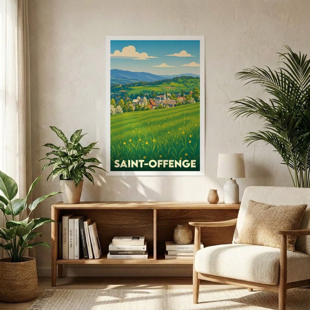 Affiche souvenir de la ville de Saint-Offenge avec une illustration stylisée de son paysage vallonné.
