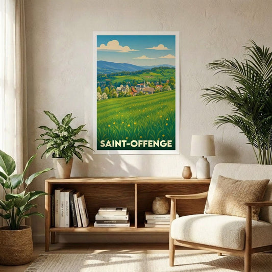 Affiche souvenir de la ville de Saint-Offenge avec une illustration stylisée de son paysage vallonné.