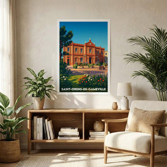 Affiche souvenir de la ville de Saint-Orens-de-Gameville avec une illustration stylisée.