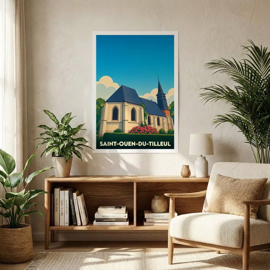 Affiche souvenir de la ville de Saint-Ouen-du-Tilleul avec une illustration stylisée de son église.