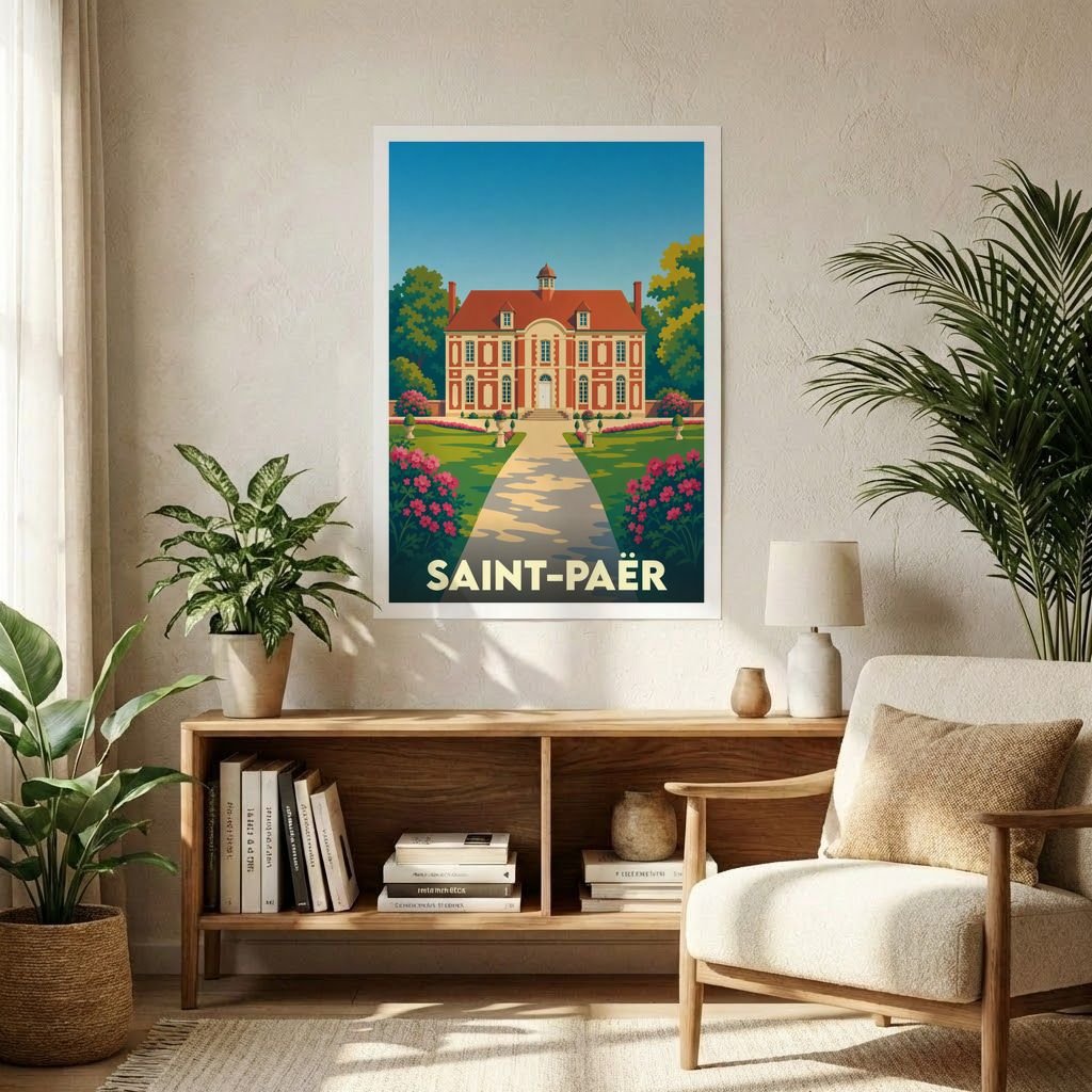 Affiche souvenir de la ville de Saint-Paër illustrant un château majestueux dans un style vintage coloré.