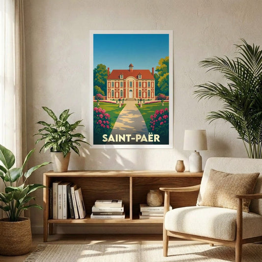 Affiche souvenir de la ville de Saint-Paër illustrant un château majestueux dans un style vintage coloré.