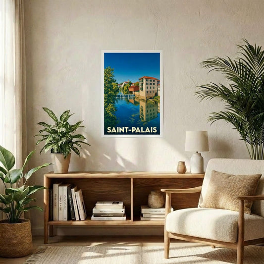 Affiche souvenir de la ville de Saint-Palais avec une illustration stylisée d'un paysage urbain au bord de l'eau.