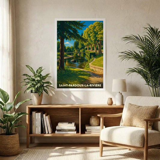 Affiche souvenir de la ville de Saint-Pardoux-la-Rivière avec une illustration stylisée d'un paysage de rivière.