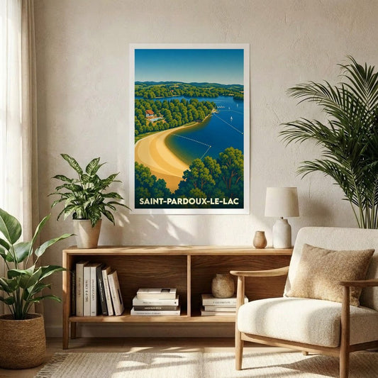 Affiche souvenir de la ville de Saint-Pardoux-le-Lac avec une illustration stylisée de son lac et de sa plage.