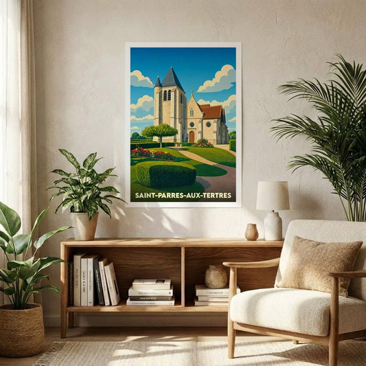 Affiche souvenir de la ville de Saint-Parres-aux-Tertres avec une illustration stylisée de son église et de ses jardins.