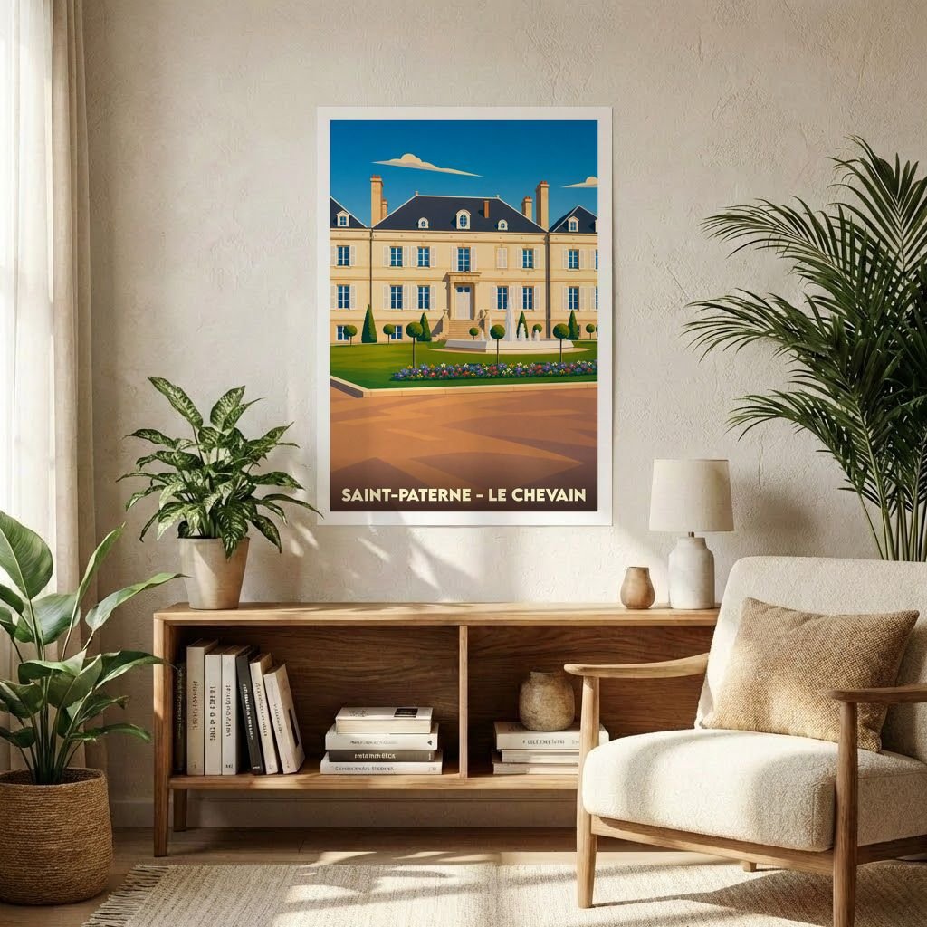 Affiche souvenir de la commune de Saint-Paterne - Le Chevain avec une illustration stylisée d'un château.