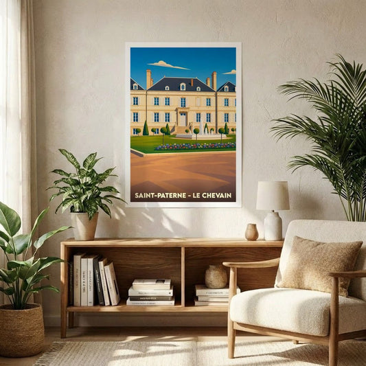 Affiche souvenir de la commune de Saint-Paterne - Le Chevain avec une illustration stylisée d'un château.