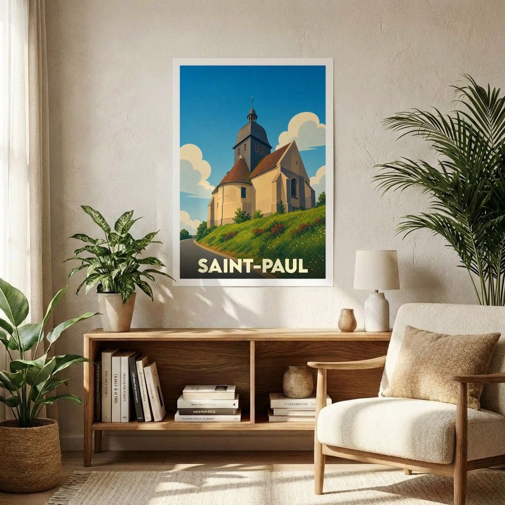 Affiche souvenir de la ville de Saint-Paul représentant son église dans un style graphique rétro.