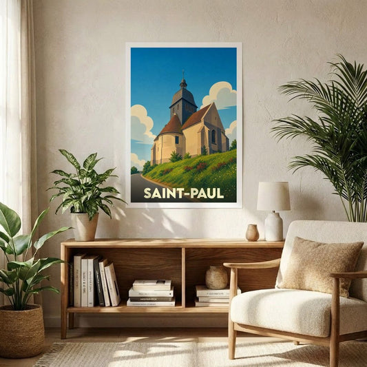 Affiche souvenir de la ville de Saint-Paul représentant son église dans un style graphique rétro.