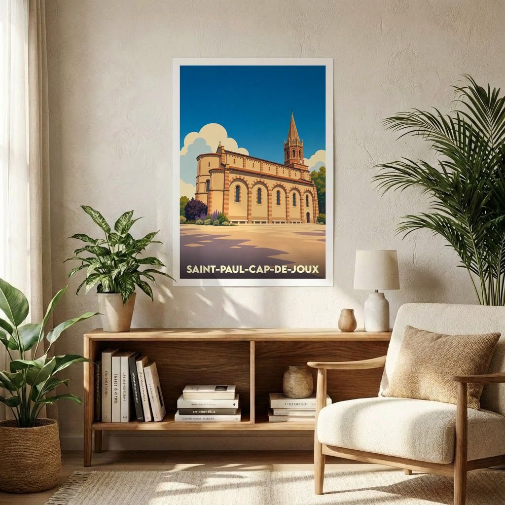 Affiche souvenir de la ville de Saint-Paul-Cap-de-Joux avec une illustration stylisée de son église.