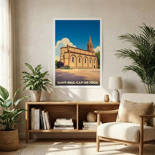 Affiche souvenir de la ville de Saint-Paul-Cap-de-Joux avec une illustration stylisée de son église.