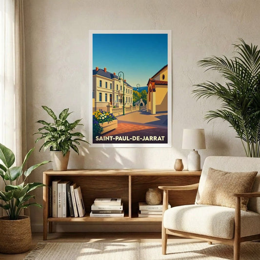 Affiche souvenir de la ville de Saint-Paul-de-Jarrat avec une illustration stylisée d'une rue ensoleillée.