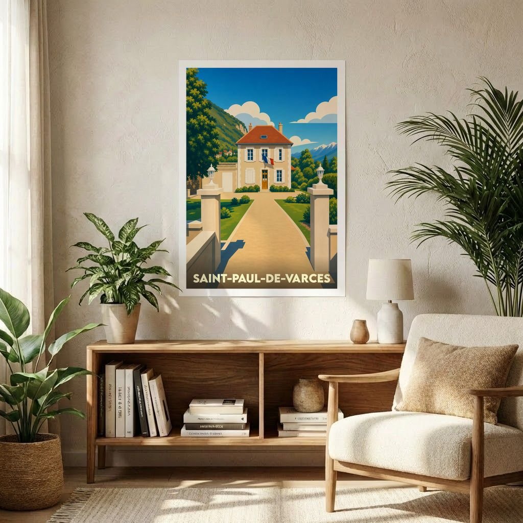 Affiche souvenir de la ville de Saint-Paul-de-Varces avec une illustration stylisée d'une maison de maître sous un ciel bleu.