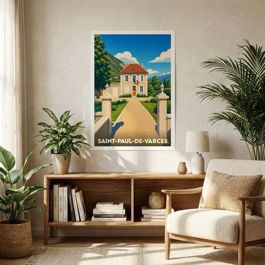 Affiche souvenir de la ville de Saint-Paul-de-Varces avec une illustration stylisée d'une maison de maître sous un ciel bleu.