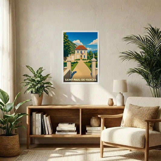 Affiche souvenir de la ville de Saint-Paul-de-Varces représentant son hôtel de ville dans un style graphique rétro.