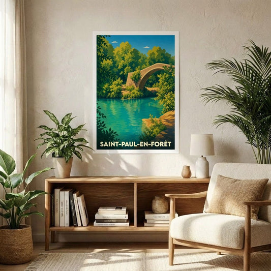 Affiche souvenir de la ville de Saint-Paul-en-Forêt illustrant un pont de pierre au bord de l'eau.
