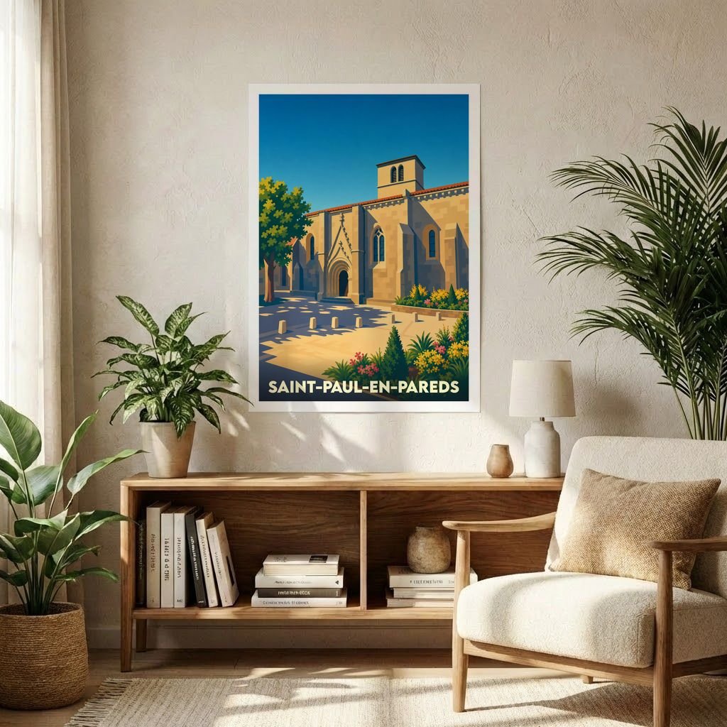 Affiche souvenir de la ville de Saint-Paul-en-Pareds avec une illustration stylisée de son église sous un ciel bleu radieux.