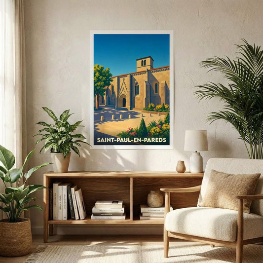 Affiche souvenir de la ville de Saint-Paul-en-Pareds avec une illustration stylisée de son église sous un ciel bleu radieux.