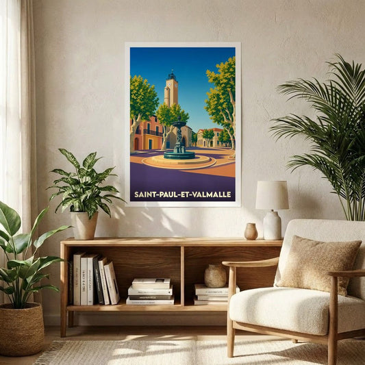 Affiche souvenir de la ville de Saint-Paul-et-Valmalle avec une illustration stylisée d'une place ensoleillée et de sa fontaine.