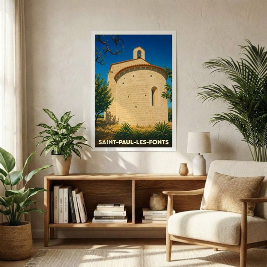 Affiche souvenir de la ville de Saint-Paul-les-Fonts représentant son église romane dans un style vintage.