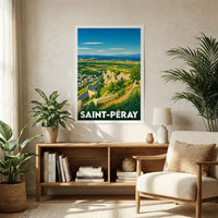 Affiche souvenir de la ville de Saint-Péray avec une illustration stylisée des ruines du château de Crussol.