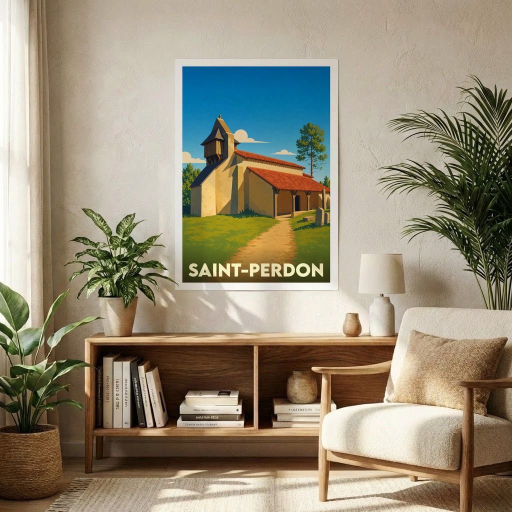 Affiche souvenir de la ville de Saint-Perdon représentant une église typique dans un style graphique rétro.