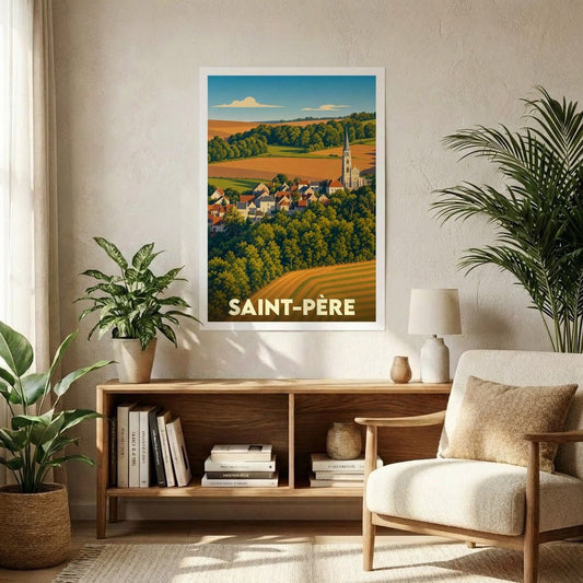 Affiche souvenir de la ville de Saint-Père représentant un paysage rural illustré dans un style vintage.